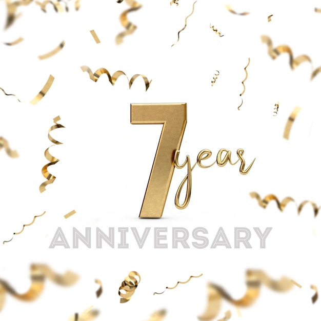 celebração de aniversário de 7 anos Número de ouro com confete dourado