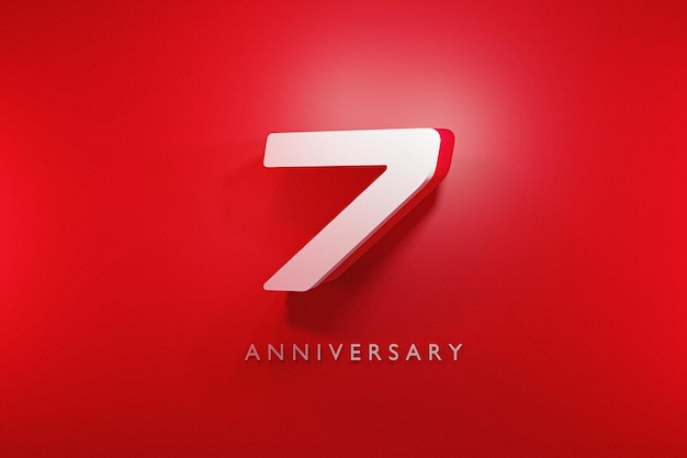 celebração de aniversário de 7 anos renderização 3d, vermelho brilhante 7 3d número