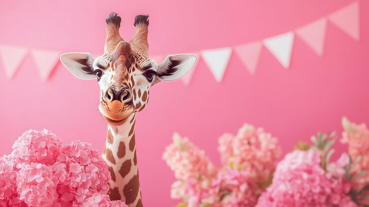 Foto celebração de aniversário de girafa e flores