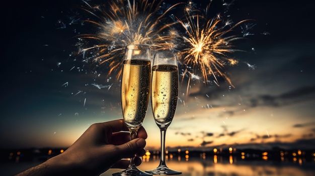 Celebração de Ano Novo com fogos de artifício e copos de champanhe