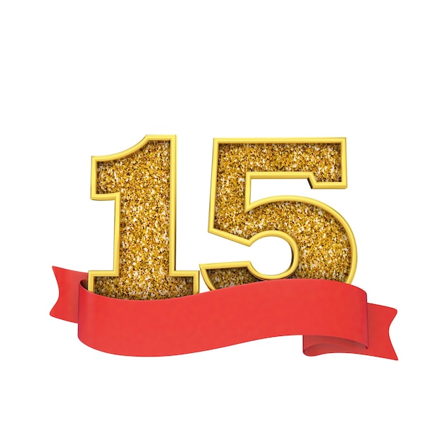 Celebração de brilho de ouro número 15 com um banner de rolagem vermelho 3D Render