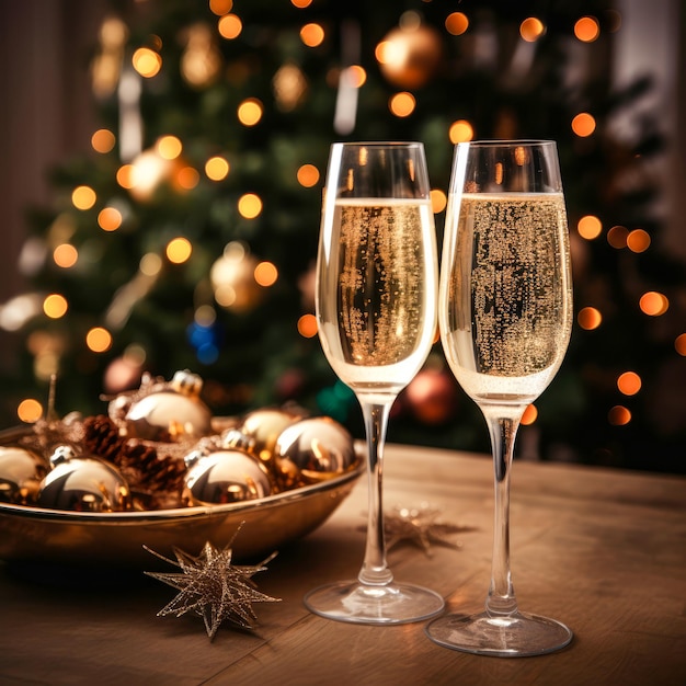 Celebração de brinde de champanhe Feliz ano novo com brilho dourado em fundo azul abstrato e luzes Bokeh desfocadas