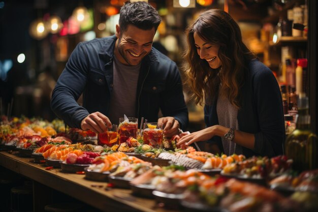 Celebração de casal feliz em restaurante japonês com pratos coloridos ia generativa