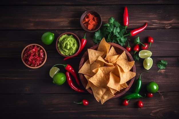 Celebração de Cinco de Mayo com nachos mexicanos tradicionais pimentas e limão em um fundo de madeira Generative AI