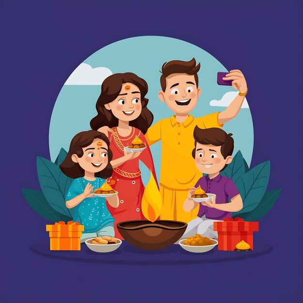 Foto celebração de diwali ou rakshabandhan família jovem indiana de quatro pessoas comemorando deepavali ou bhai doo