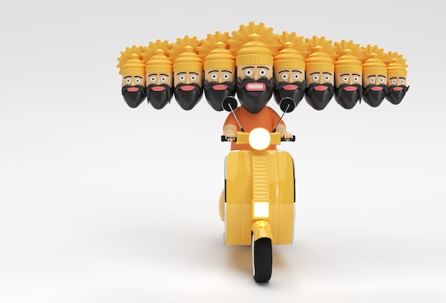 Celebração de Dussehra - Ravana com ilustração de renderização 3D de dez cabeças de motor Scooter.