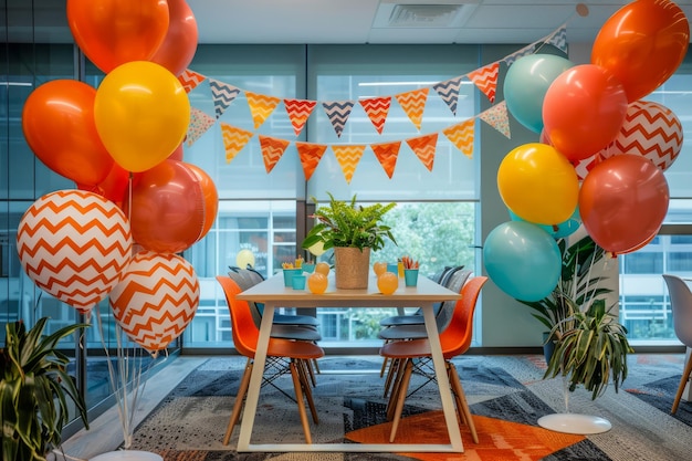 Celebração de Escritório Colorida com Decorações de Festa de Balões e Disposição de Mesa Festiva em Moderno