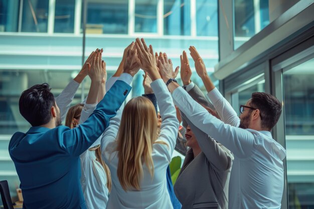 Celebração de escritório e trabalho em equipa na agência de seguros