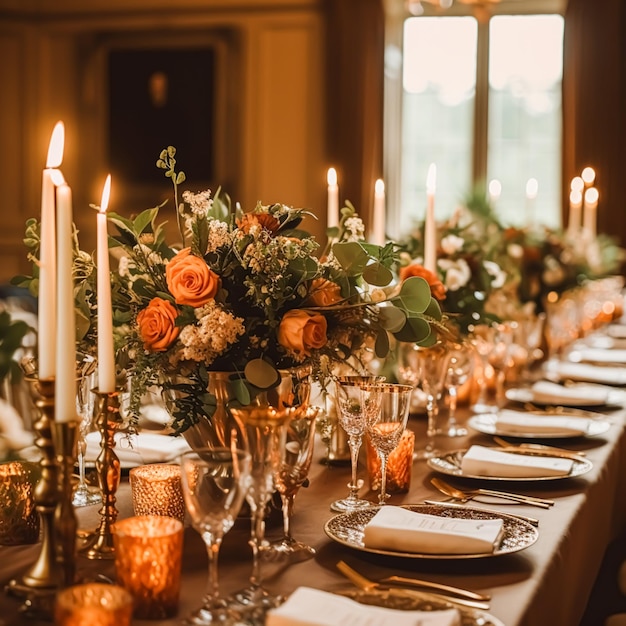 Celebração de evento de casamento e mesa de férias de outono paisagem clássica de outono decoração e jantar formal