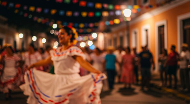 Celebração de Fiesta Mexicana com Dançarinos à Noite