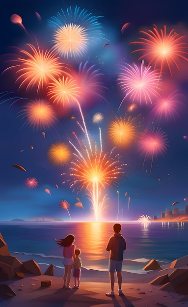 Celebração de fogos de artifício sobre o mar