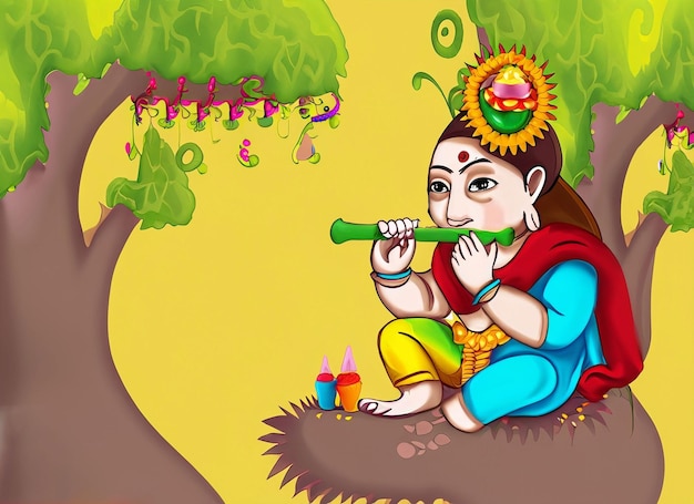 Celebração de Janmasthi com o pequeno senhor Krishna segurando uma flauta