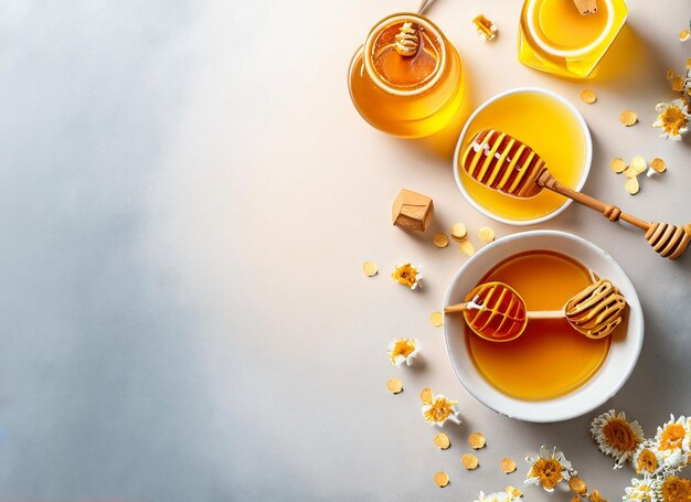 Celebração de Rosh Hashanah com xícara de mel e frutas em fundo 3D