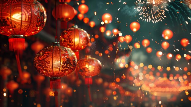 Celebração do Ano Novo Chinês com fogos de artifício e lanternas vermelhas