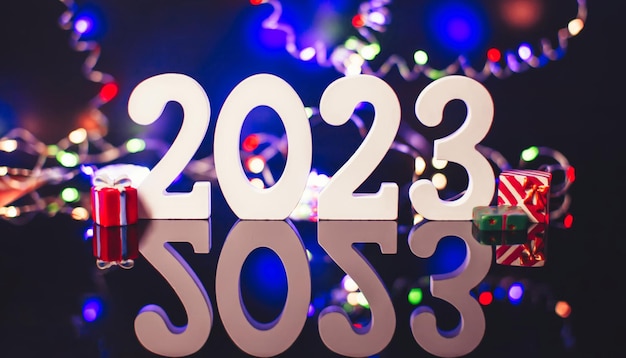 Celebração do Ano Novo de 2023 Luzes desfocadas ao fundo