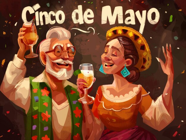 Celebração do Cinco de Mayo com um homem e uma mulher em roupas tradicionais mexicanas bebendo coquetel