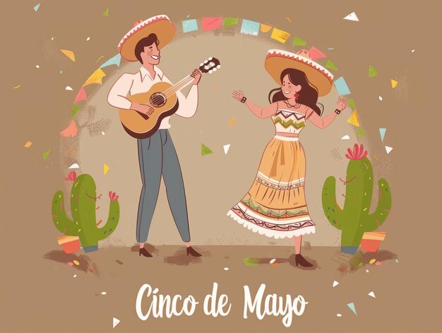Celebração do Cinco de Mayo com um homem e uma mulher em roupas tradicionais mexicanas dançando tocando guitarra