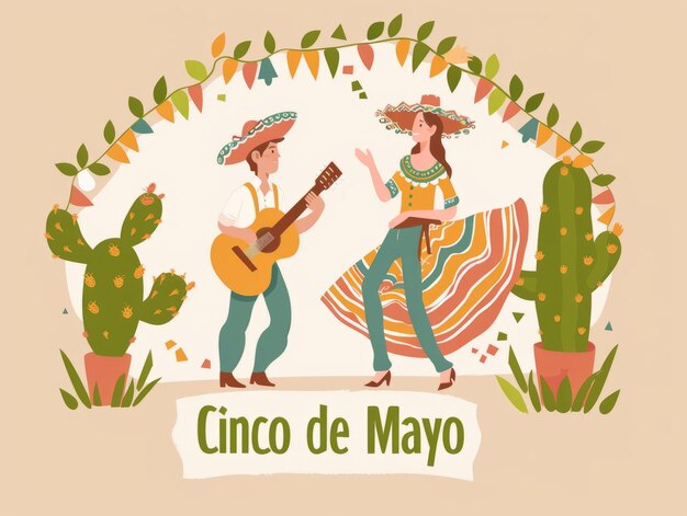 Celebração do Cinco de Mayo com um homem e uma mulher em roupas tradicionais mexicanas dançando tocando guitarra