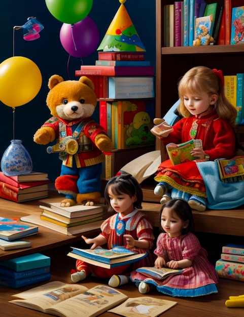 Foto celebração do dia das crianças com livros e brinquedos