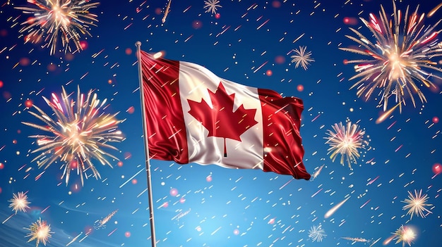 Celebração do Dia de Vitória Bandeira canadense e fogos de artifício