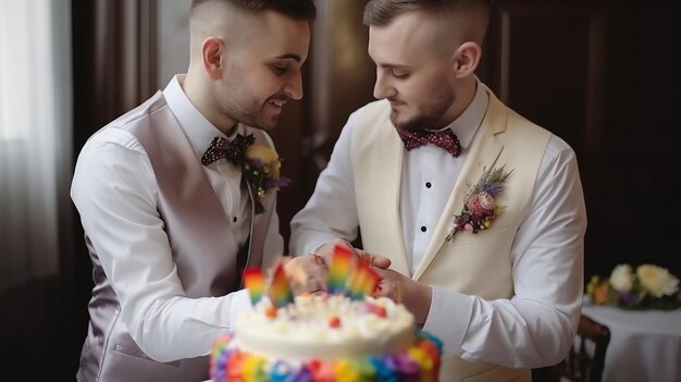 Celebração do dia do casamento lindo casal gay curtindo a vida