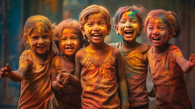 Celebração do dia do festival de Holi Ilustração colorida de um grupo de crianças alegres jogando holi