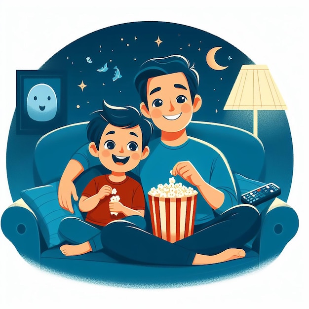 Celebração do Dia do Pai pai e filho vendo um filme juntos à noite gerado pela IA