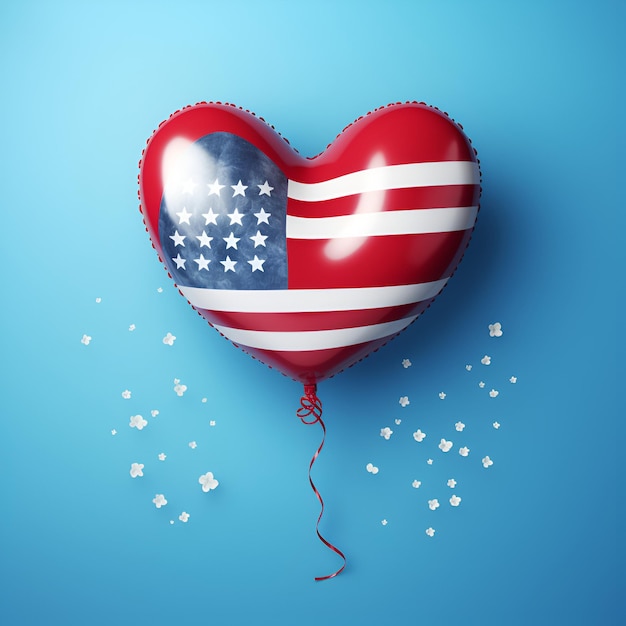 Celebração do dia do trabalho dos EUA com balão de coração de bandeira americana em fundo azul