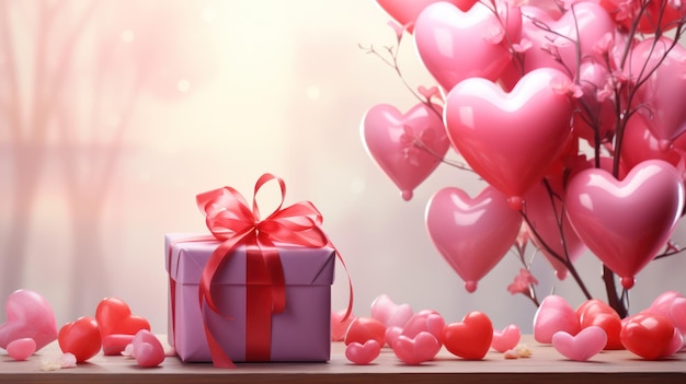 Celebração do dia dos namorados com balões de coração e presentes