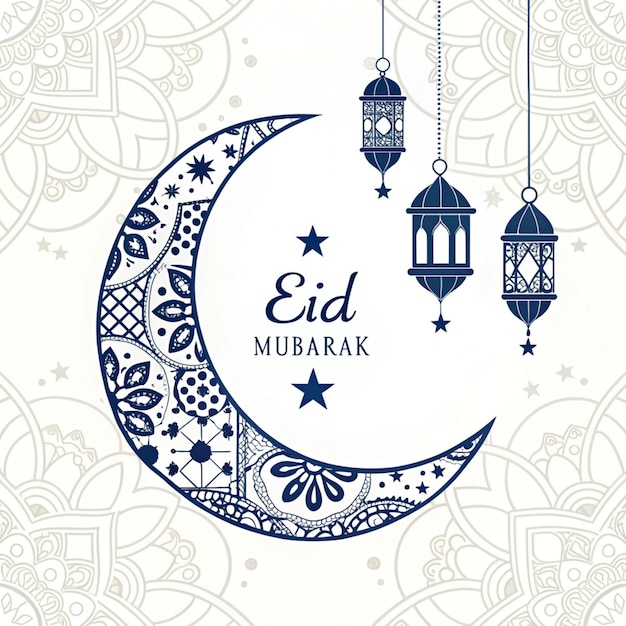 Celebração do Eid Mubarak com crescente e lanternas