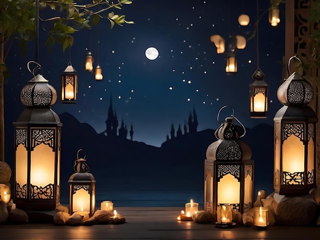 Celebração do Eid Mubarak islâmico e da lanterna Eid al Adha em um fundo preto claro