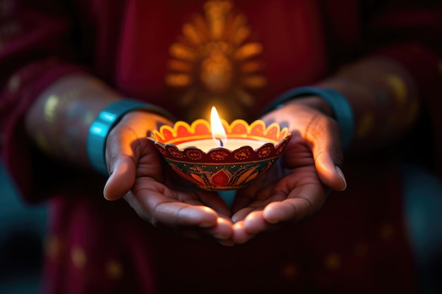 Celebração do Festival Hindu de Diwali das luzes Diya lâmpada de óleo acesa nas mãos de mulheres gerada por IA