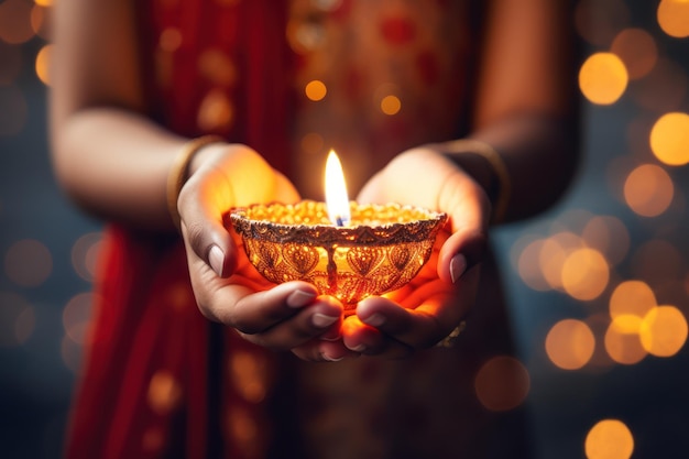 Celebração do Festival Hindu de Diwali das luzes Lâmpada de Diya nas mãos da mulher fechada