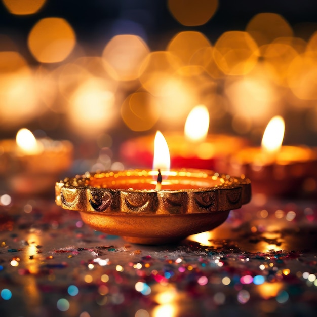 Celebração do Festival Hindu de Diwali das luzes Lâmpada diya acesa perto do fundo das luzes bokeh