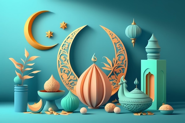 Celebração do kareem do Ramadã, ilustração de renderização 3D de decoração