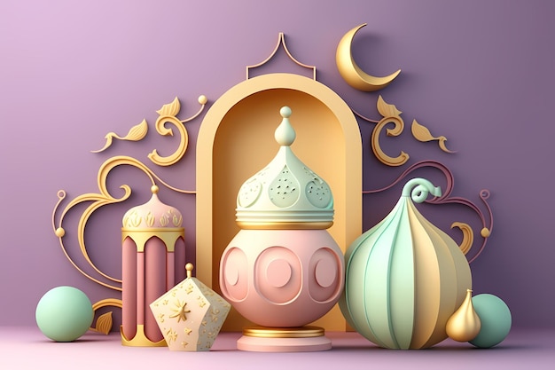 Celebração e decoração do Ramadã Kareem, design de ilustração de renderização em 3D