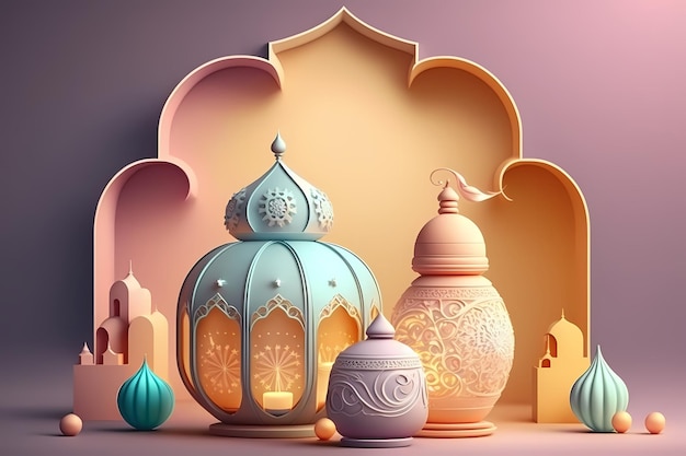 Celebração e decoração do Ramadã Kareem, design de ilustração de renderização em 3D