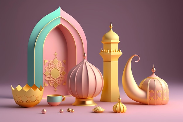 Celebração e decoração do Ramadã Kareem, design de ilustração de renderização em 3D