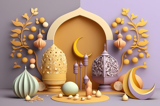 Celebração e decoração do Ramadã Kareem, design de ilustração de renderização em 3D