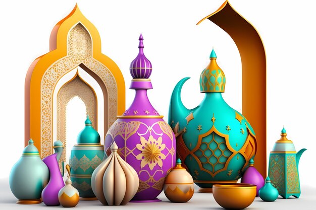Celebração e decoração do Ramadã Kareem, design de ilustração de renderização em 3D