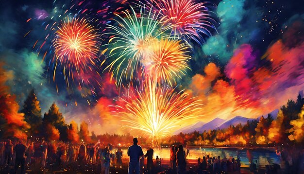 Celebração explosiva acende exibição de fogos de artifício vibrante ao ar livre gerada por IA