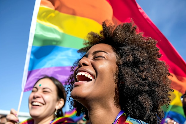 Foto celebração exuberante do orgulho gay com risos e bandeira do arco-íris