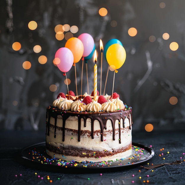 Celebração feliz aniversário bolo festa balões presentes desejos alegria amigos felicidade familiar