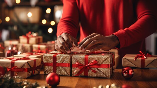 Celebração festiva do Natal Preparando caixas com fitas vermelhas em casa