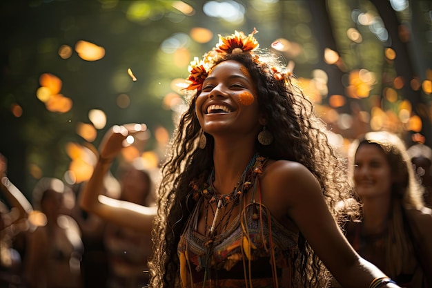 Celebração mágica do equinócio com danças na floresta generativa IA