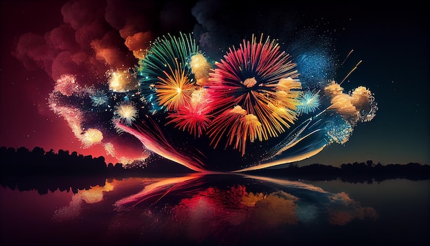 Celebração noturna com fogos de artifício explodindo em fundos multicoloridos generative AI
