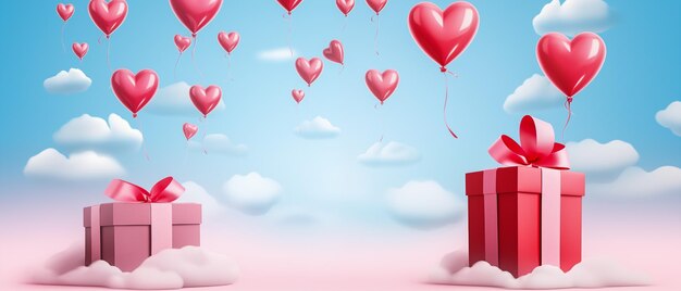 Celebração sincera Cartão de Dia dos Namorados com balões vermelhos em forma de coração e caixas de presentes