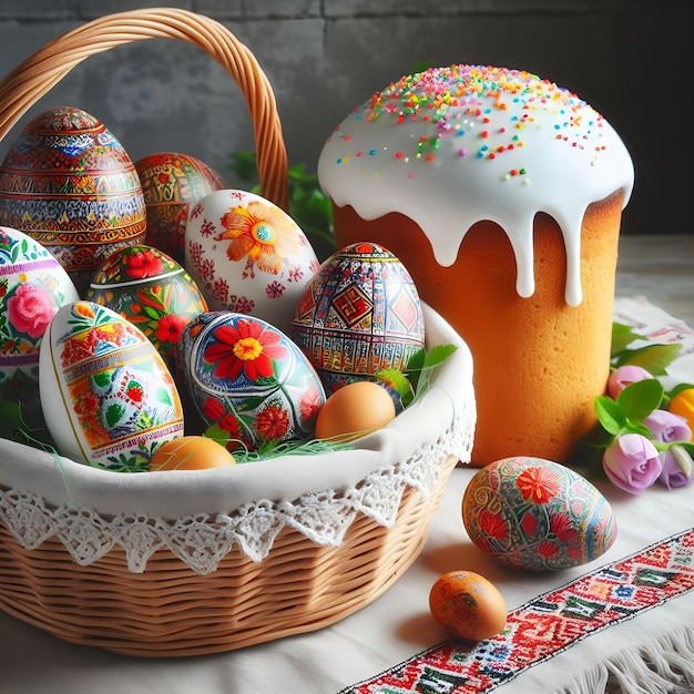 Celebração tradicional da Páscoa com ovos intrincadamente decorados e pão de Páscoa doce