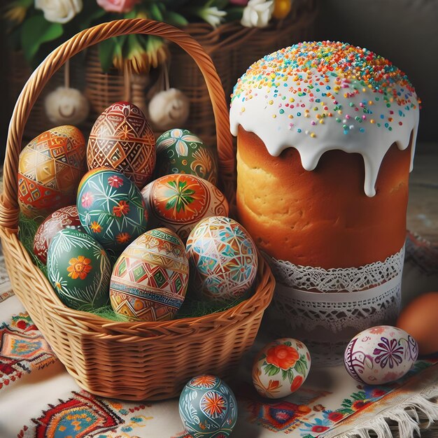 Celebração tradicional da Páscoa com ovos intrincadamente decorados e pão de Páscoa doce