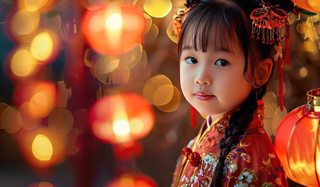 Celebração tradicional de um festival asiático com uma menina cercada por lanternas vermelhas